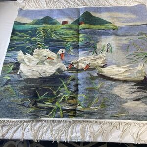 Large Woven Wall Tapestry Geese Lake Scene Handwoven Textile Fringe Art